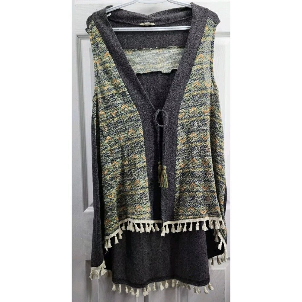 Umgee Womens Knit Vest Boho Fringe Tie Front Gray/Green Small